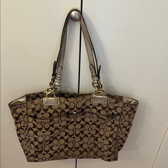 Coach Brown Signature Tote with Gold-Tone Turnlock - Picture 2 of 12